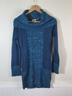 Red Paint Y2k Sweater Dress Womens Small Blue Cowl Neck Knit Mini Tunic Cozy